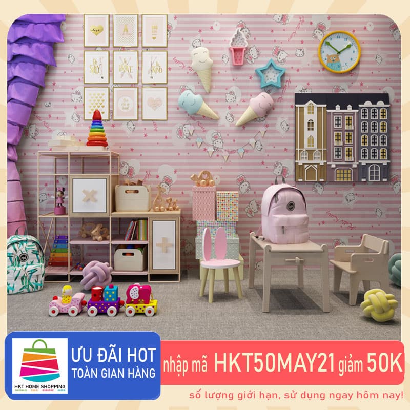 Giấy Dán Tường Decal dán tường Mèo Hồng 5m