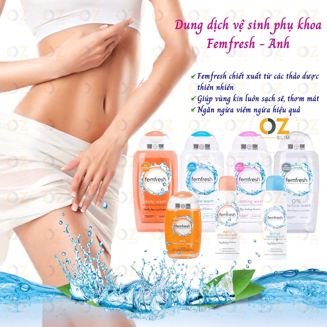 Dung dịch vệ sinh cho cả nữ và nam Femfresh Anh giúp làm sạch sẽ thơm mát ngăn ngừa viêm ngứa nấm phụ khoa OZ Slim Store Soothing Wash 250ml