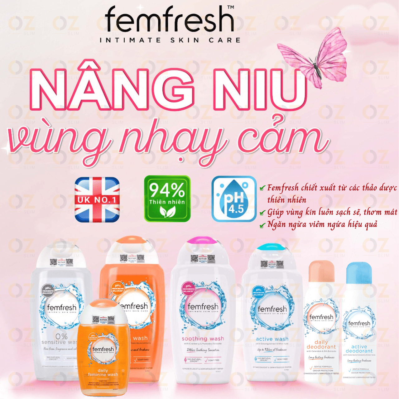 Dung dịch vệ sinh cho cả nữ và nam Femfresh Anh giúp làm sạch sẽ thơm mát ngăn ngừa viêm ngứa nấm phụ khoa OZ Slim Store Pure &Fresh Wash 250ml