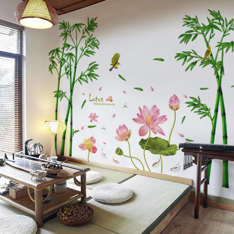 Size Lớn Decal dán tường kết hợp Hoa Sen Hồng và Bụi Tre AM9104XL8292