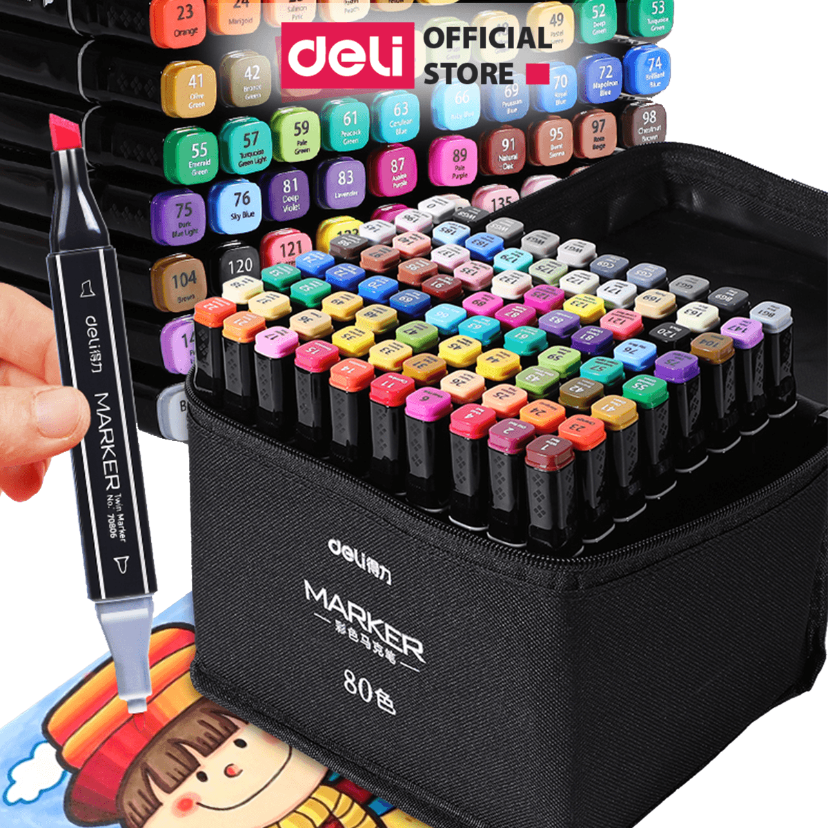 Bút màu marker chuyên nghiệp Deli kèm túi vải 30406080 Màu 70806 40 Màu túi vải