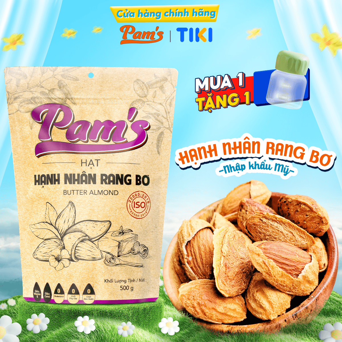 Hạnh Nhân Rang Bơ Pams Nhập Khẩu Mỹ Vỏ Mỏng Chất Lượng Không Cholesterol Dùng Ăn Kiêng 500g
