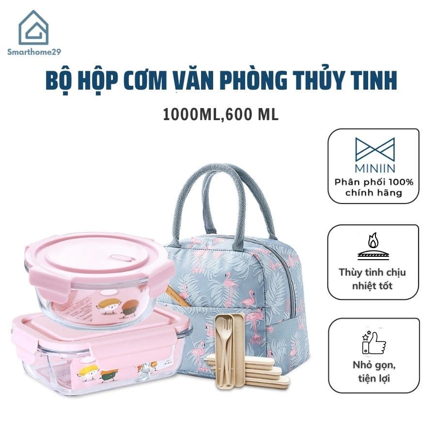 Bộ Hộp Cơm Văn Phòng Chất Liệu Thủy Tinh Chịu Nhiệt Tốt Nắp Nhựa PP Cao Cấp An Toàn Sức Khoẻ Tặng Kèm Bộ Thìa Đũa Và Túi Xách Tiện Lợi MINIIN Hồng Bộ 2 ngăn 1000ml 1hộp tròn
