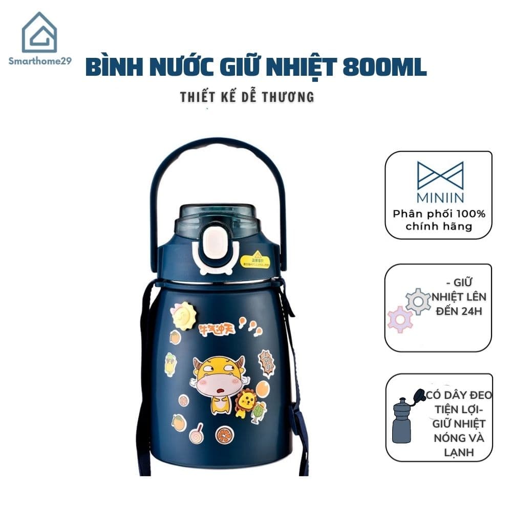 Bình Nước Giữ Nhiệt Cute 800ml Chất Liệu Inox 304 Giữ Nhiệt Không Gỉ Nóng Lạnh 24 Giờ Kèm Ống Hút Và Sticker Hàng Loại 1 MINIIN Xanh dương đậm