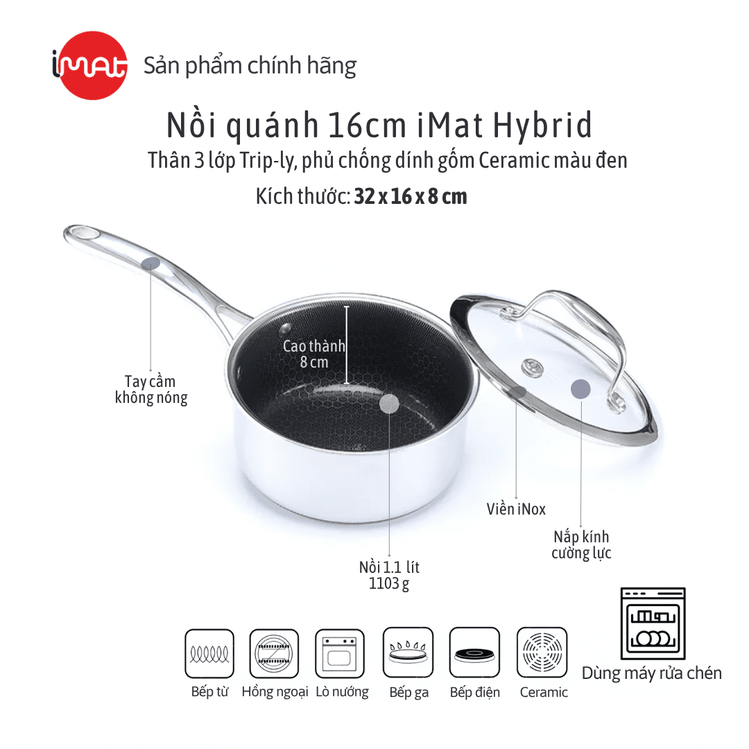 Nồi Quánh inox iMat Blackcube 16cm Cao 8cm Thể tích 1.6l Phủ chống dính Ceramic