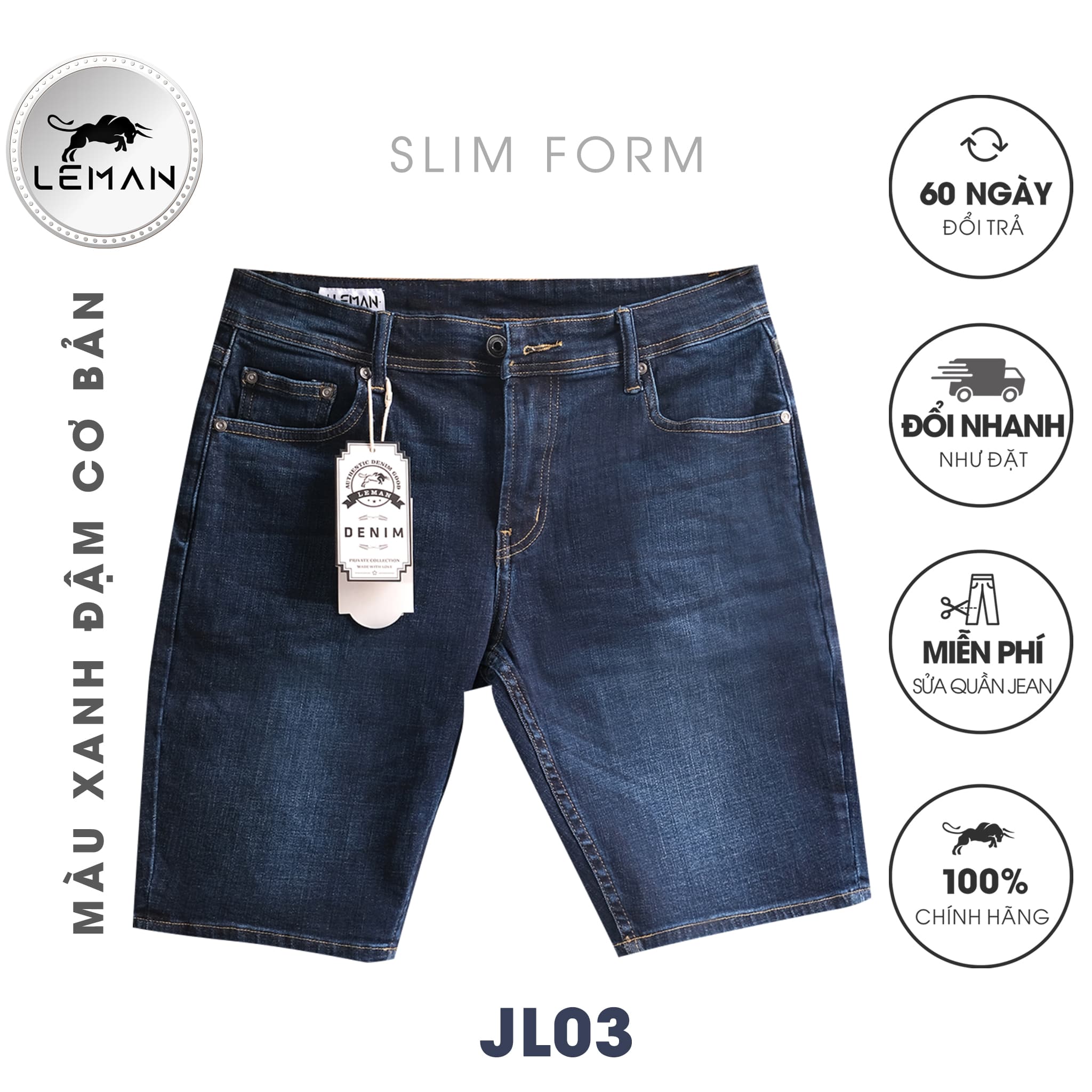 Quần Short Jean nam Leman xanh trơn JL03 Slim Form Xanh jean 32