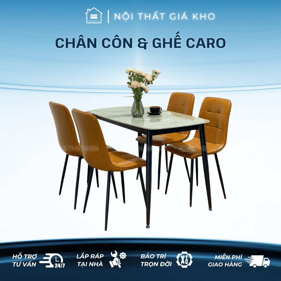 Bàn ăn mặt đá Cẩm thạch nhân tạo kết hợp ghế caro bàn 1m2 4 ghế