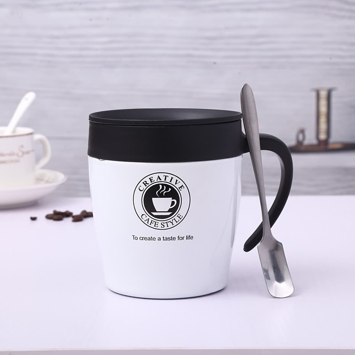 Cốc Cafe Giữ Nhiệt 330ml Chất Liệu Inox 304 Nhỏ Gọn Có Tay Cầm Sang Trọng Kèm Thìa Màu trắng