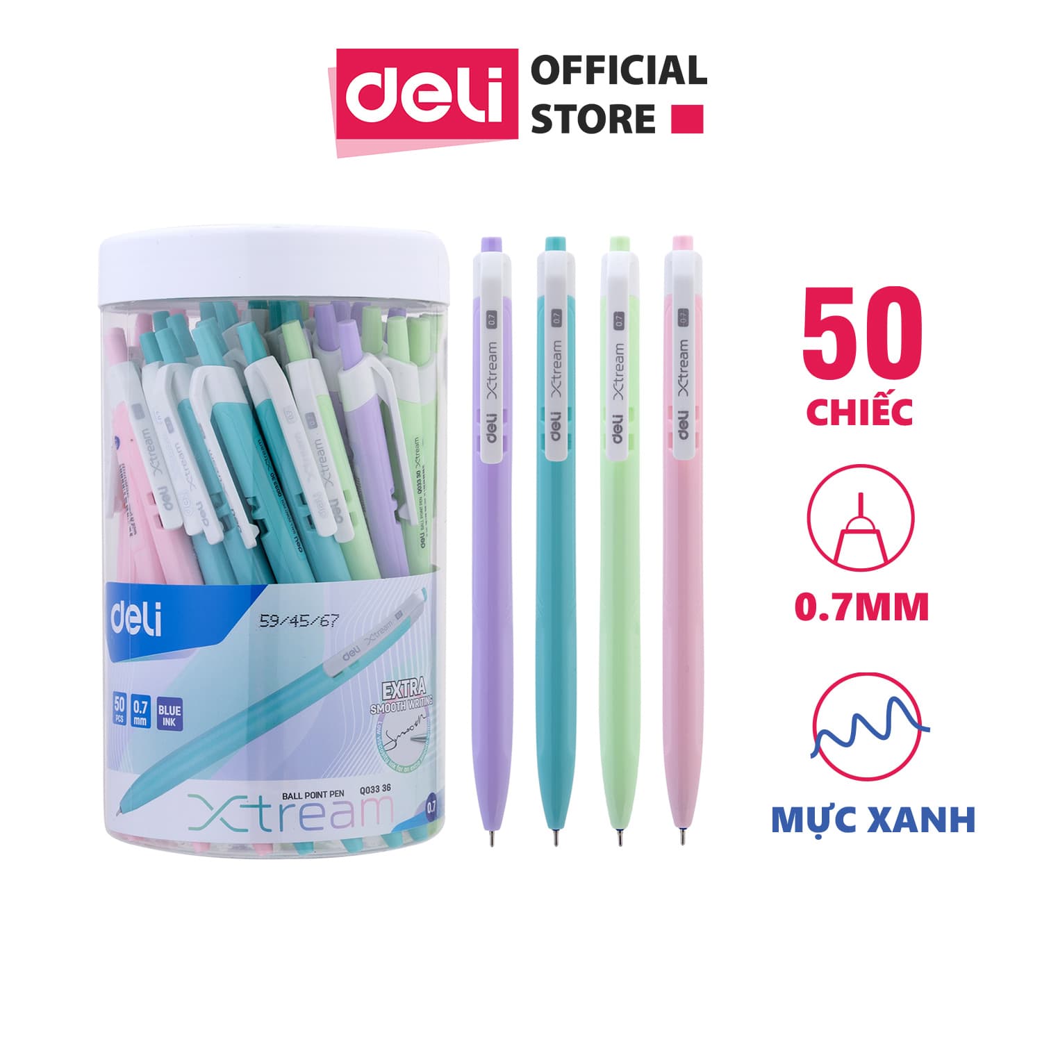 Combo 5 10 20 bút bi dầu Deli 0.7mm đầu bấm Mực xanh siêu mượt EQ03336EQ03236EQ02836 Sơn Tùng M TP Collection CQ184 BL Hộp 50 chiếc EQ03336