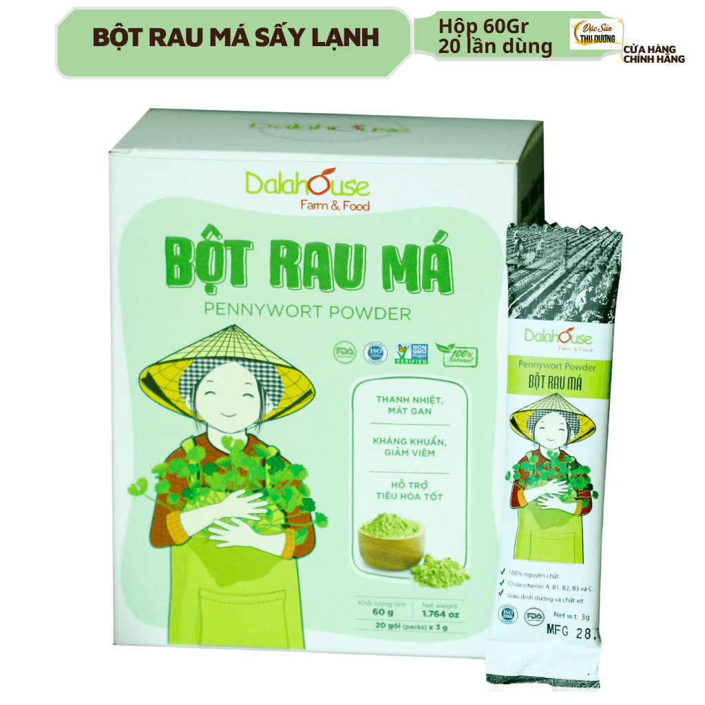 Bột Rau Má hữu cơ nguyên chất sấy lạnh Dalahouse Hộp 20 gói nhỏ 3gr định lượng sẵn cho 1 lần sử dụng Giải độc mát gan thanh nhiệt cơ thể giảm mụn đẹp da. Kháng khuẩn giảm viêm hỗ trợ tiêu hóa