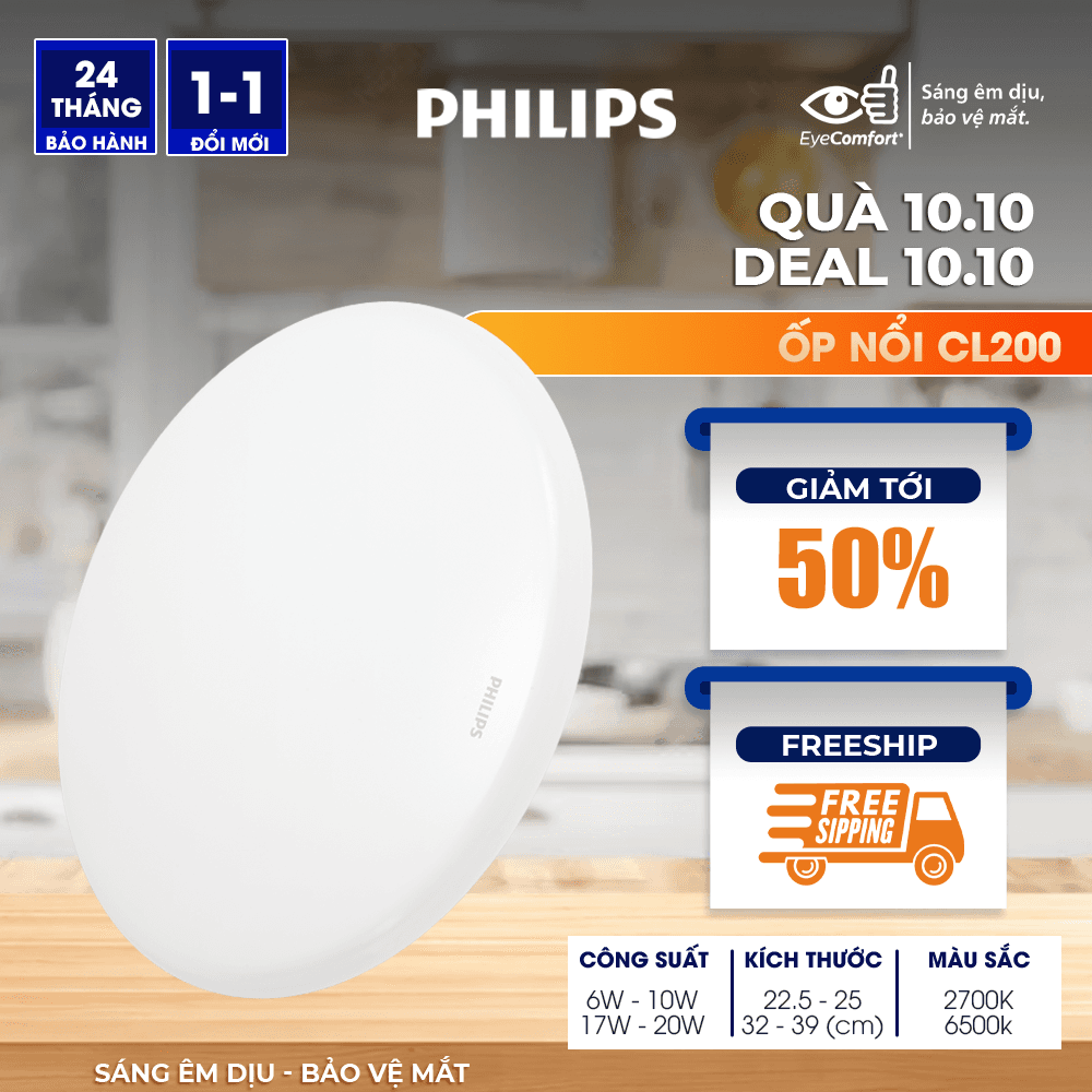 Bộ đèn PHILIPS LED ốp trần tròn CL200 Công suất 6W 10W 17W 20W ánh sáng vàng ánh sáng trắng 10W Ánh sáng trắng 6500K