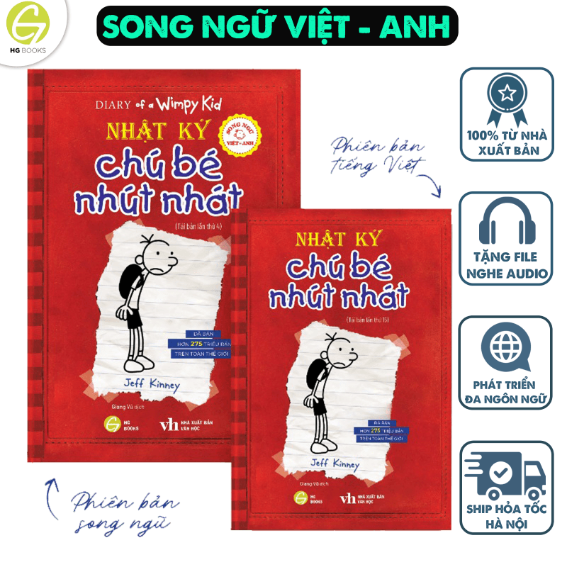 Nhật ký chú bé nhút nhát Song ngữ Việt Anh Tập 1 kèm file nghe note từ mới