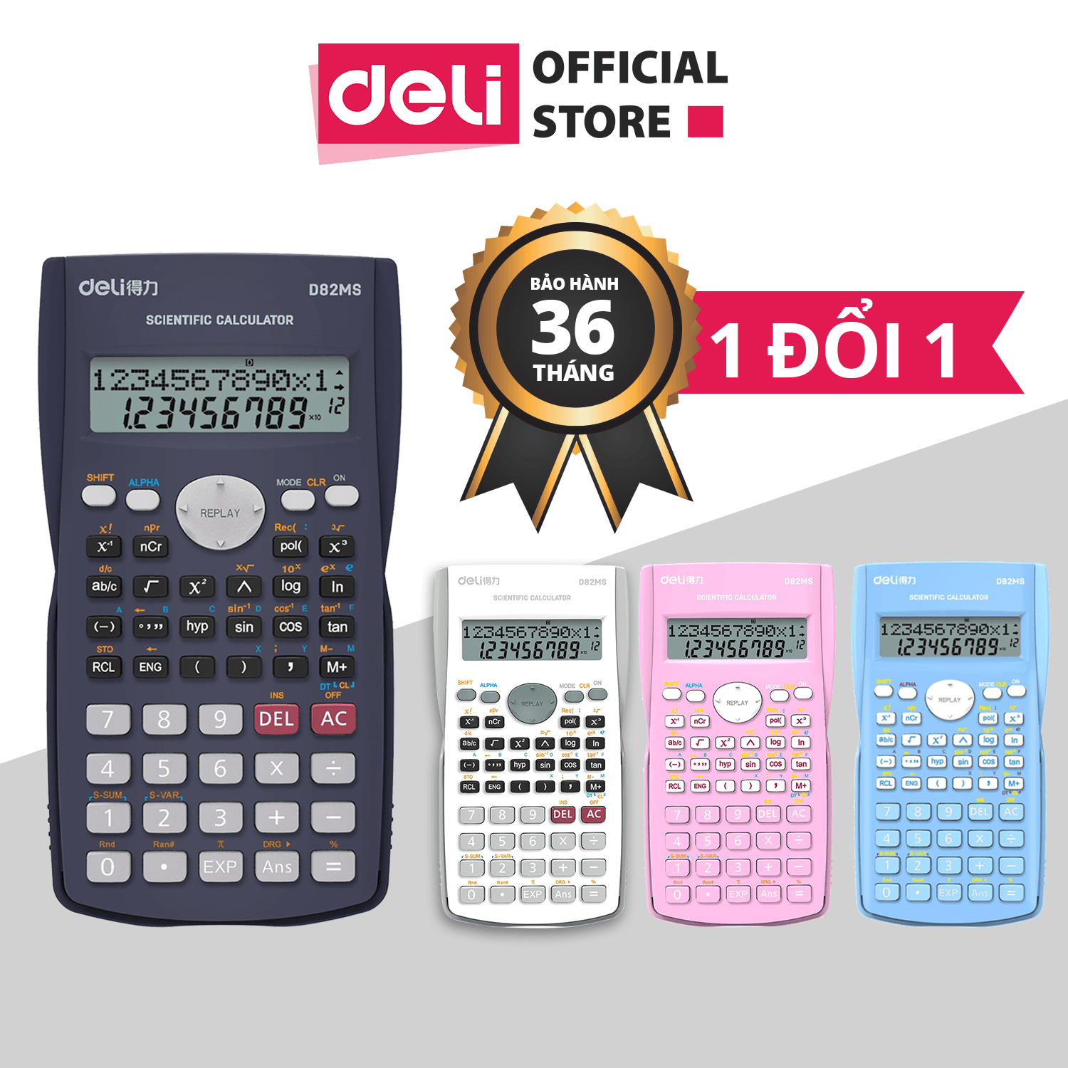 Máy Tính Kỹ Thuật Deli ĐenXanh DươngHồngTrắng D82MS Đen