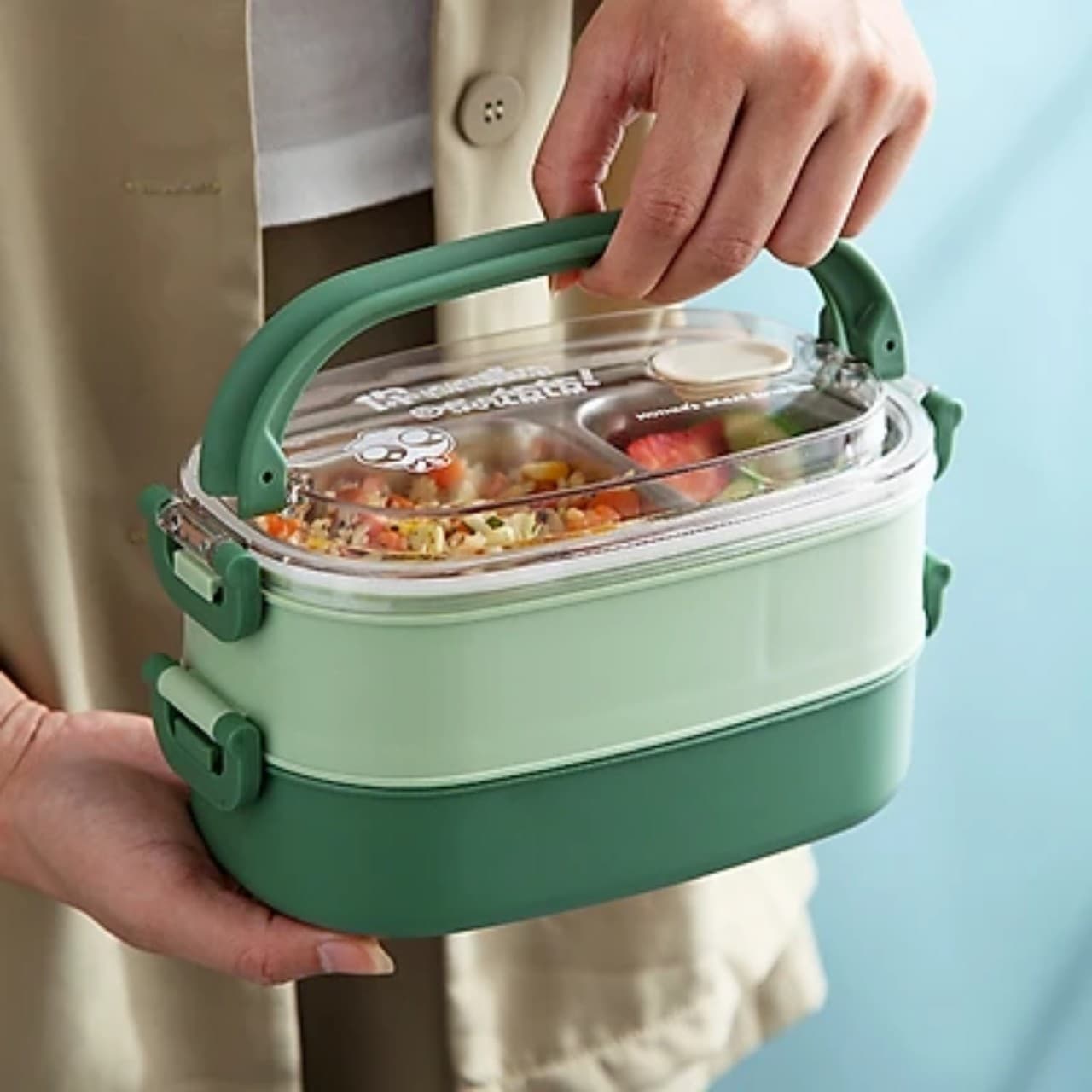 Hộp Cơm Văn Phòng Giữ Nhiệt 2 Lớp 2 Tầng Tiện Lợi Kèm Hộp Đựng Canh Soup và Bộ Đũa Thìa INOX Chất Liệu INOX304An Toàn Cho Sức Khỏe MINIIN Tặng Túi Đựng Cơm Xanh Matcha