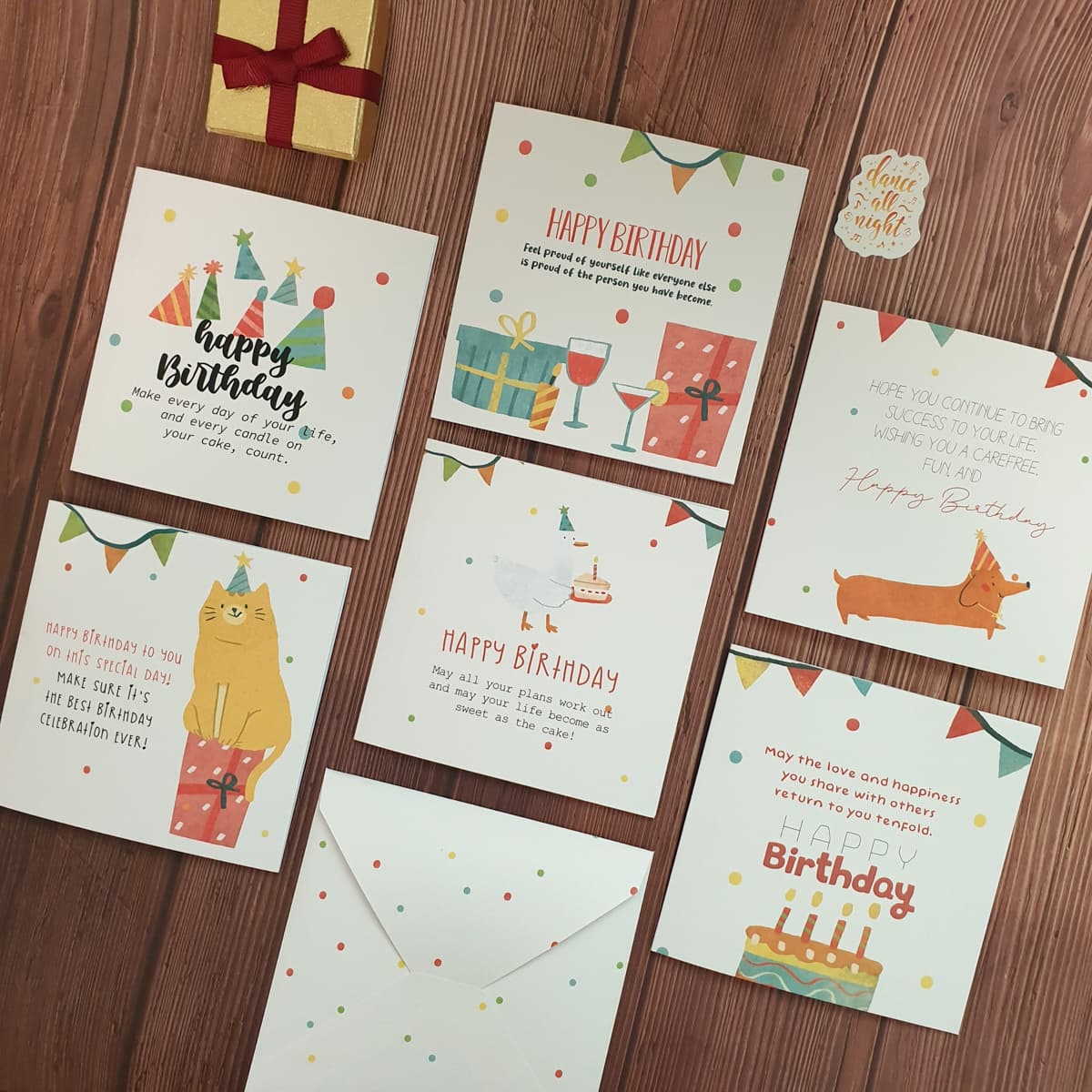 Thiệp chúc mừng sinh nhật 12x12 SDstationery CONFETTI họa tiết chấm bi thú cưng vui nhộn Set 6 thiệp