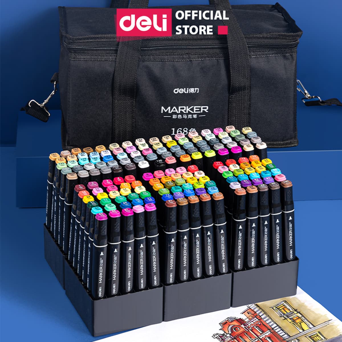 Bút màu marker chuyên nghiệp Deli kèm túi vải 30406080 Màu 70806 168 Màu túi vải