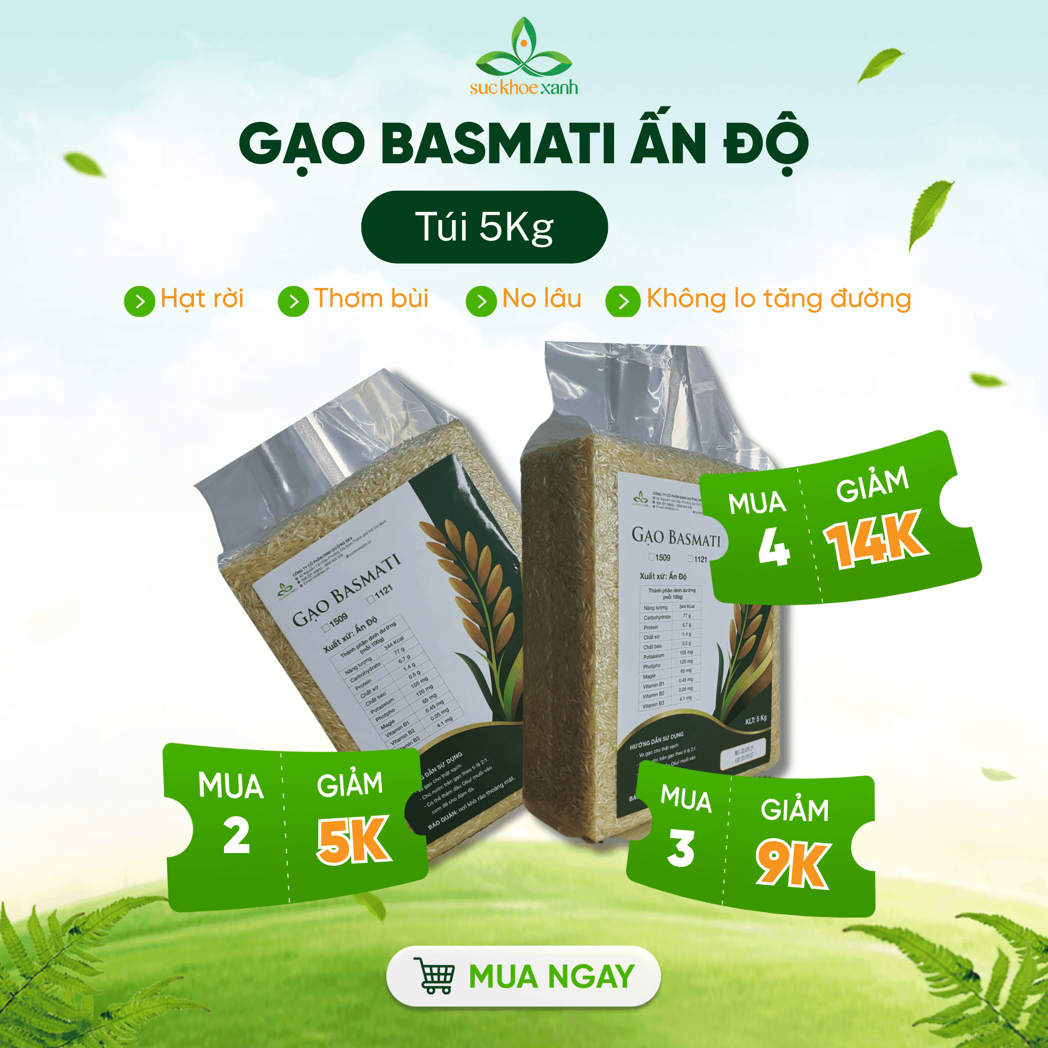 Gạo Basmati India Ấn Độ 1121 chỉ số đường huyết GI thấp tốt cho người bị tiểu đường Túi 5kg