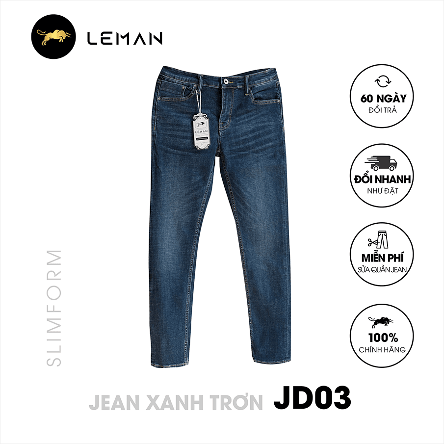 Quần Jean nam Leman xanh trơn JD03 Slim Form XANH JEANS 34