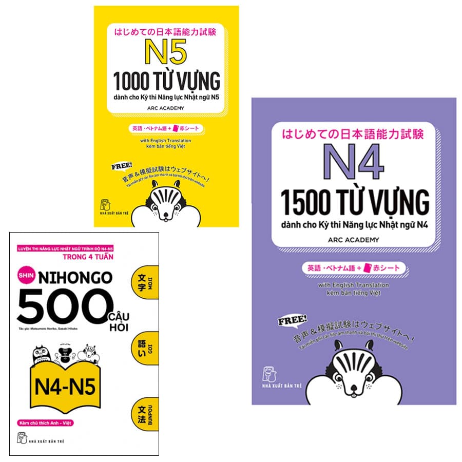 Combo Nhật Ngữ 1500 Từ Vựng Cần Thiết Cho Kỳ Thi Năng Lực Nhật Ngữ N4 1000 Từ Vựng Cần Thiết Cho Kỳ Thi Năng Lực Nhật Ngữ N5 và 500 Câu Hỏi Luyện Thi Năng Lực Nhật Ngữ N4 N5