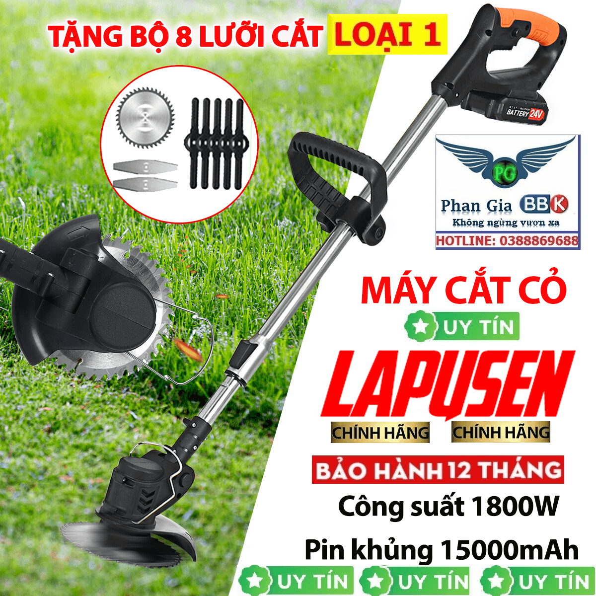 Máy cắt cỏ tỉa cành cầm tay LAPUSEN pin khủng 15000mah động cơ mạnh 1800w BỘ MÁY 1 PIN FULL PK