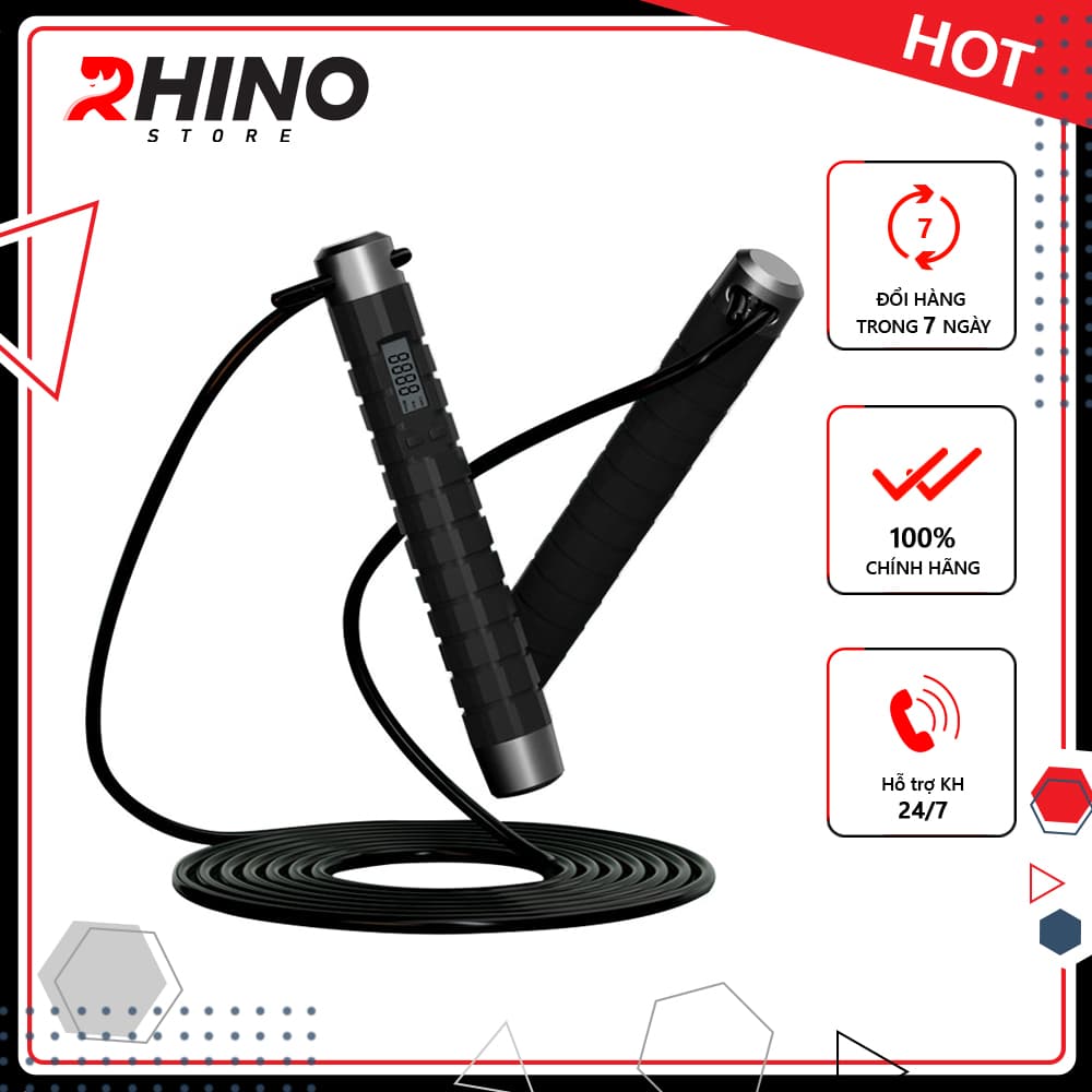 Dây nhảy thể thao lõi thép cao cấp Rhino J501 tự động đếm số tích hợp đo calo quãng đường độ dài dây tùy chỉnh Dùng cho Muay Boxing Kickboxing Đen