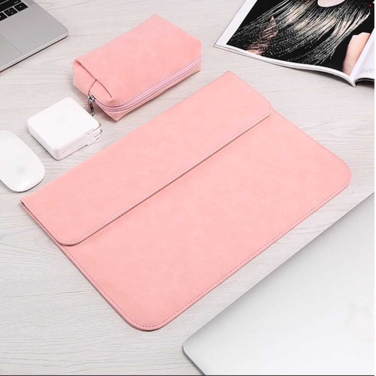 BAO DA TÚI DA CẶP DA CHỐNG SỐC CHO MACBOOK LAPTOP SURFACE KÈM VÍ ĐỰNG PHỤ KIỆN Hồng Macbook Air 13.3 inch đời 2019 2020