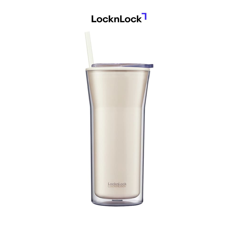 Ly nhựa 2 lớp Daily Essential LocknLock HAP526 Ống hút cùng màu Nắp đậy trong suốt Kèm cọ vệ sinh Dung tích 770ml Màu Ngà
