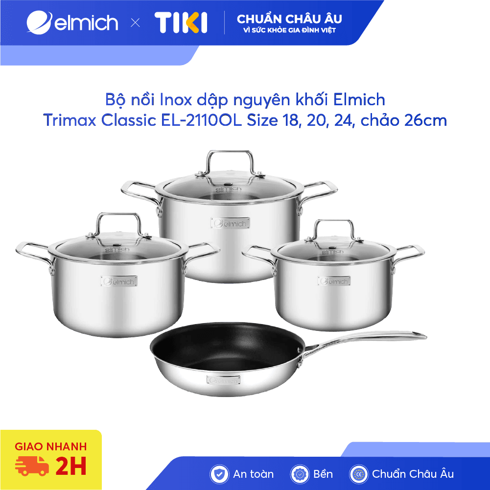 Bộ nồi Inox dập nguyên khối Elmich Trimax Classic EL 2110OL Size 18 20 24 chảo 26cm
