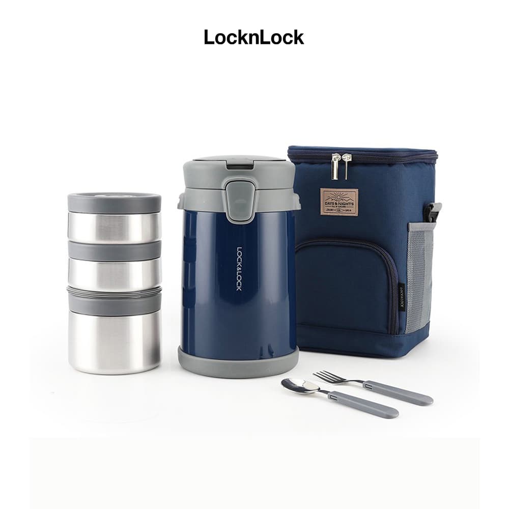 Bộ Hộp Cơm Giữ Nhiệt Lock&Lock Easy Carry 2.0L LHC8039BLU Có Túi 1 Hộp 720ml 2 Hộp 420ml Kèm 1 Bộ Muỗng Và Nĩa Màu Xanh
