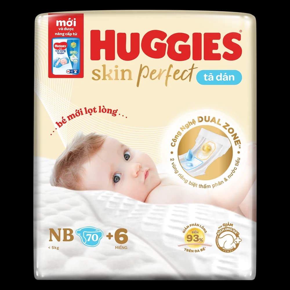Tã dán lọt lòng Huggies Skin Perfect (Newborn dưới 5kg 70 miếng) (giao bao bì ngẫu nhiên)