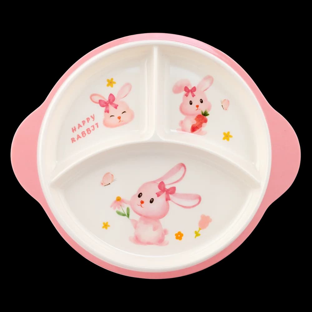 Khay ăn dặm 3 ngăn melamine cao cấp Moreware (W3028 tròn thỏ hồng)