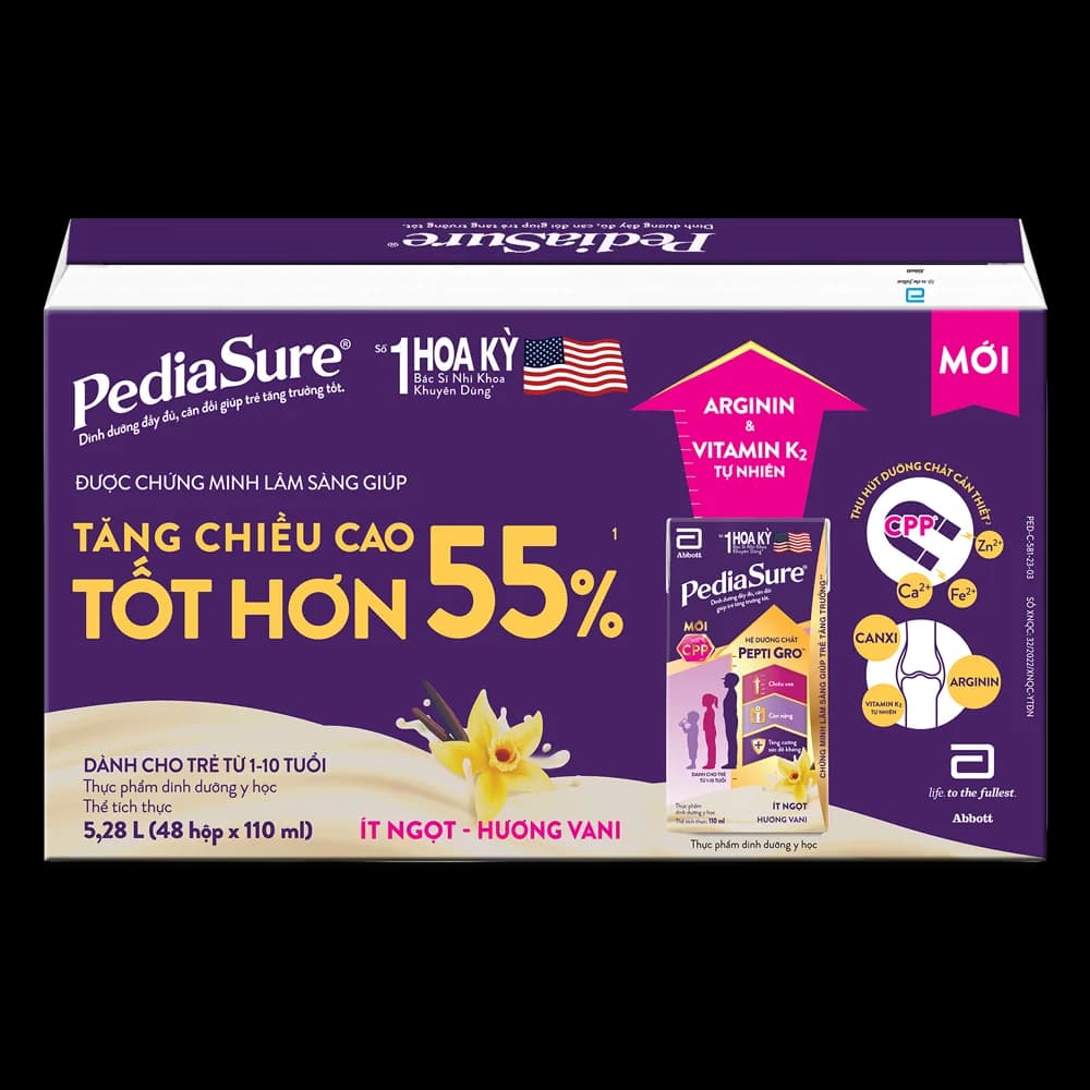 Thùng Thực phẩm dinh dưỡng y học cho trẻ 1 10 tuổi: Pediasure hương vani (110ml) (Lốc 4)