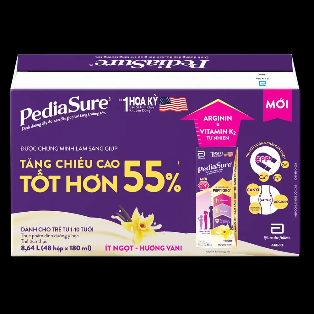 Thùng Thực phẩm dinh dưỡng y học cho trẻ 1 10 tuổi: Pediasure hương vani (180ml) (Lốc 4)