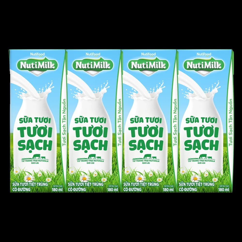 Sữa tươi sạch tiệt trùng Nutimilk có đường 180ml (lốc 4 hộp)