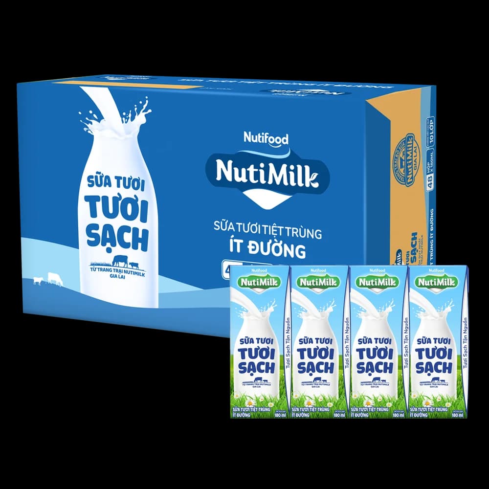 Thùng Sữa tươi sạch tiệt trùng Nutimilk ít đường 180ml (lốc 4 hộp)