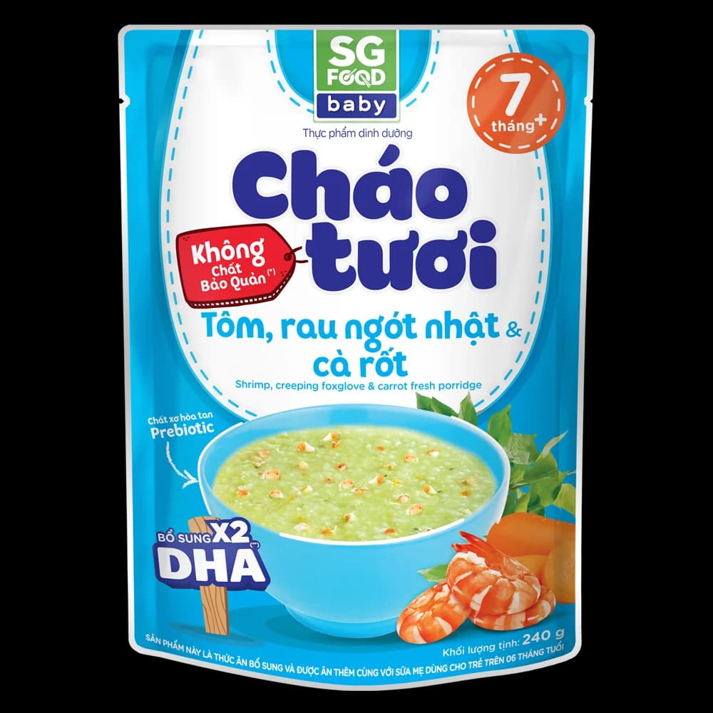 Cháo tươi Baby Tôm Rau Ngót Nhật Cà Rốt SG Food 7 tháng 240g