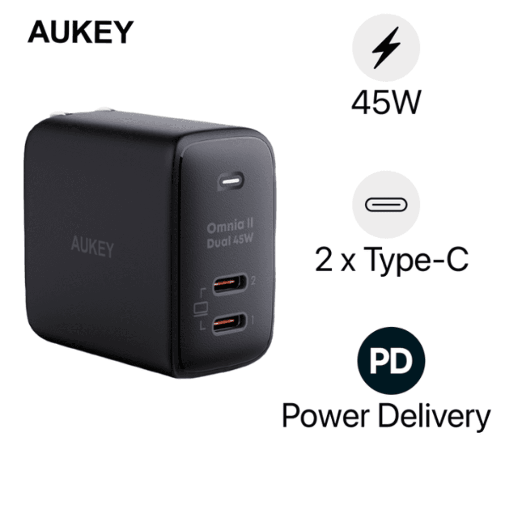 Củ sạc nhanh Aukey PD 45W PA B4T 2 cổng chấu gập Cũ
