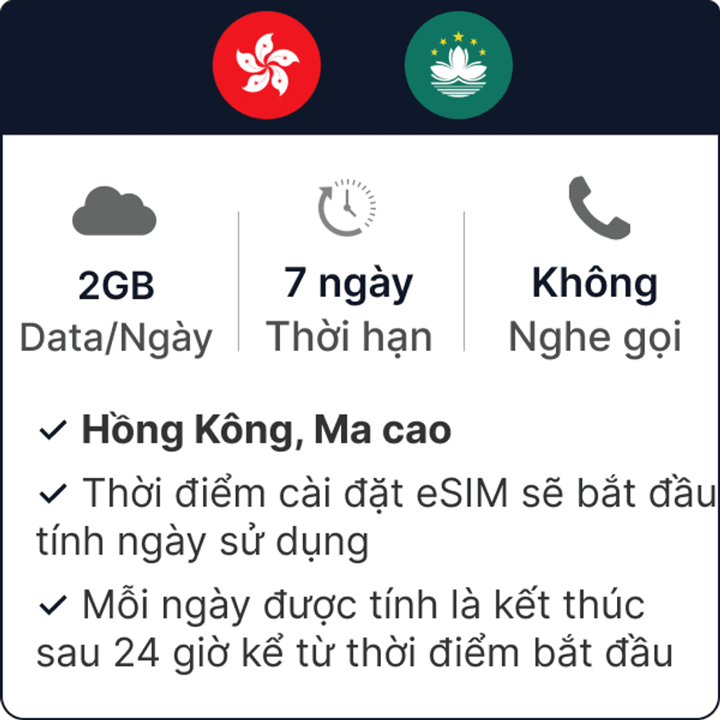 eSim du lịch Gohub Hồng Kông Ma Cao 2GB 7 Ngày
