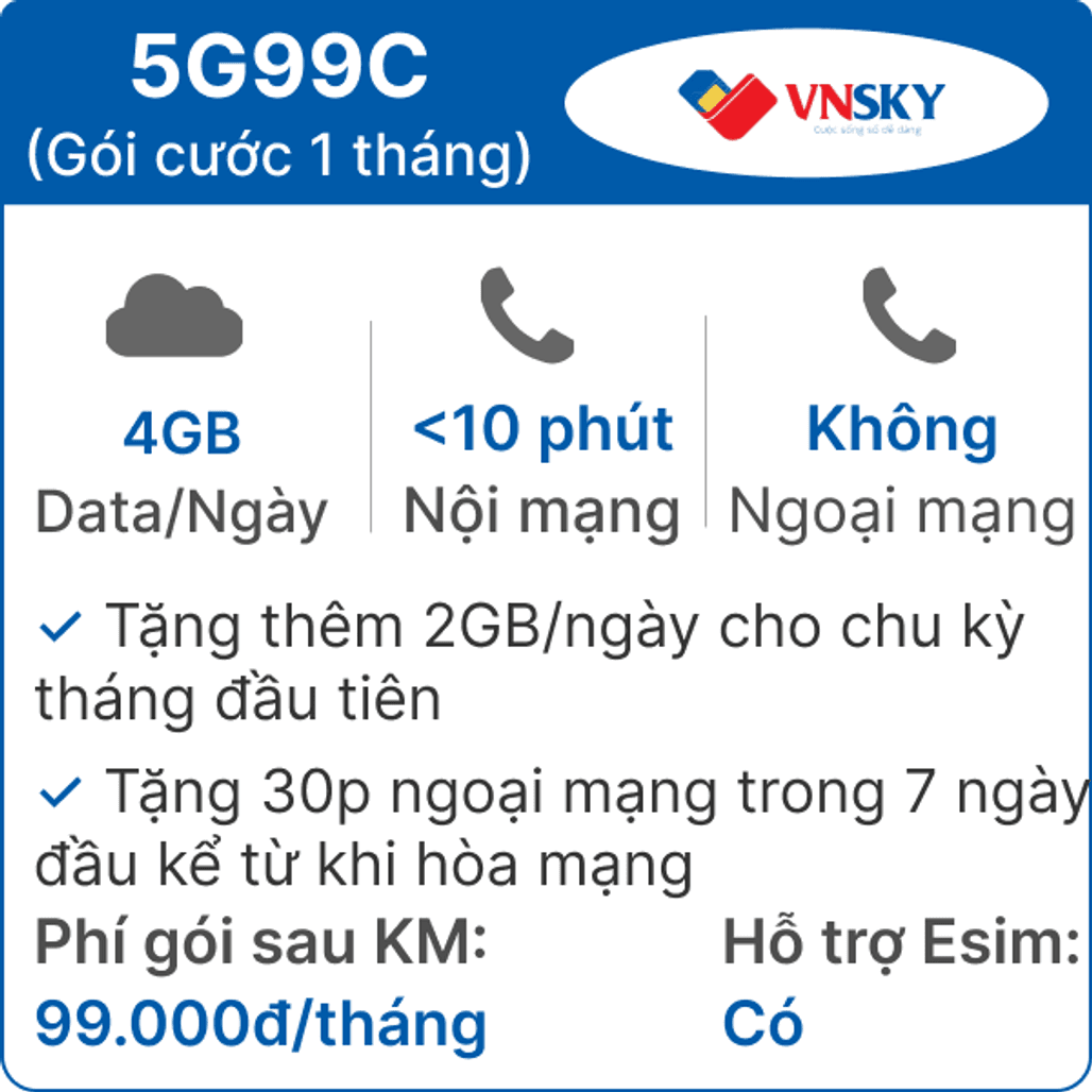 Sim 5G VNSKY 5G99C 4GB Ngày có nghe gọi Free 1 tháng