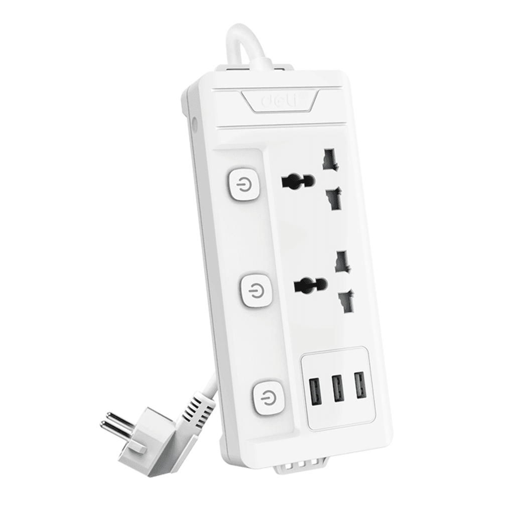 Ổ cắm điện Deli 2AC kèm 3USB A 2m có công tắc ET409