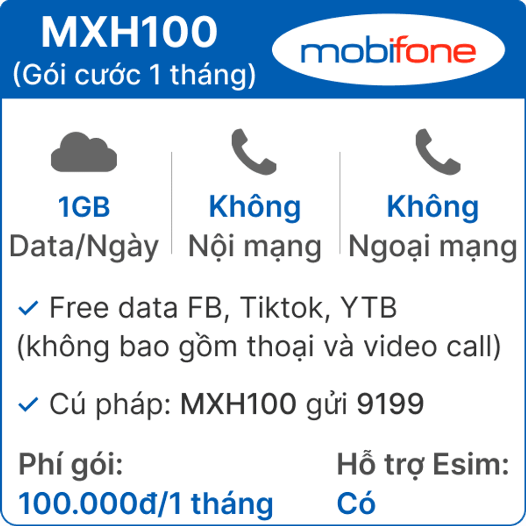 Sim 4G Mobifone MXH100 1GB Ngày Free Tiktok YTB FB 1 tháng (thành phẩm)