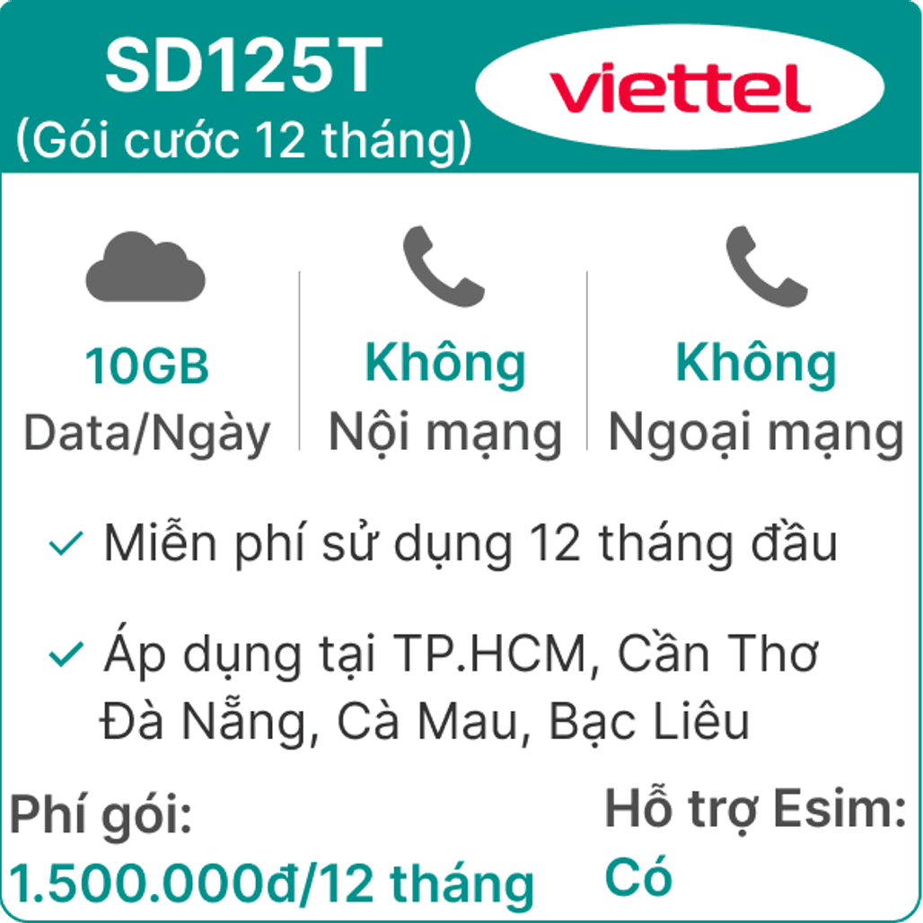 Sim 4G Viettel 12SD125T 10GB Ngày (3GB toàn quốc + 7GB 1 số tỉnh) Free 12 tháng
