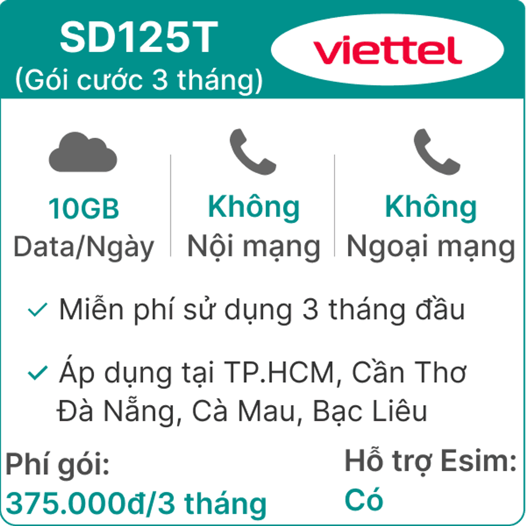 Sim 4G Viettel 3SD125T 10GB Ngày (3GB toàn quốc + 7GB 1 số tỉnh) Free 3 tháng