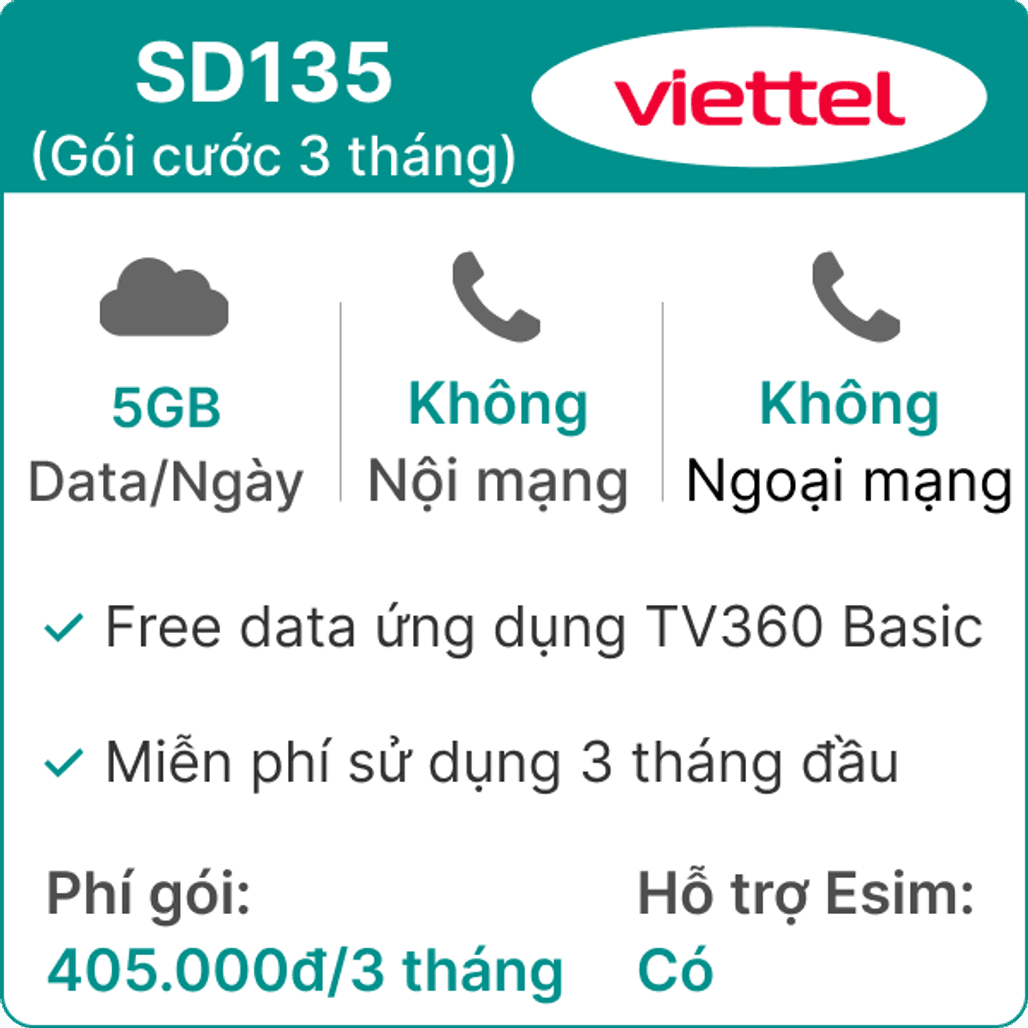 Sim 4G Viettel 3SD135 5GB Ngày 3 tháng