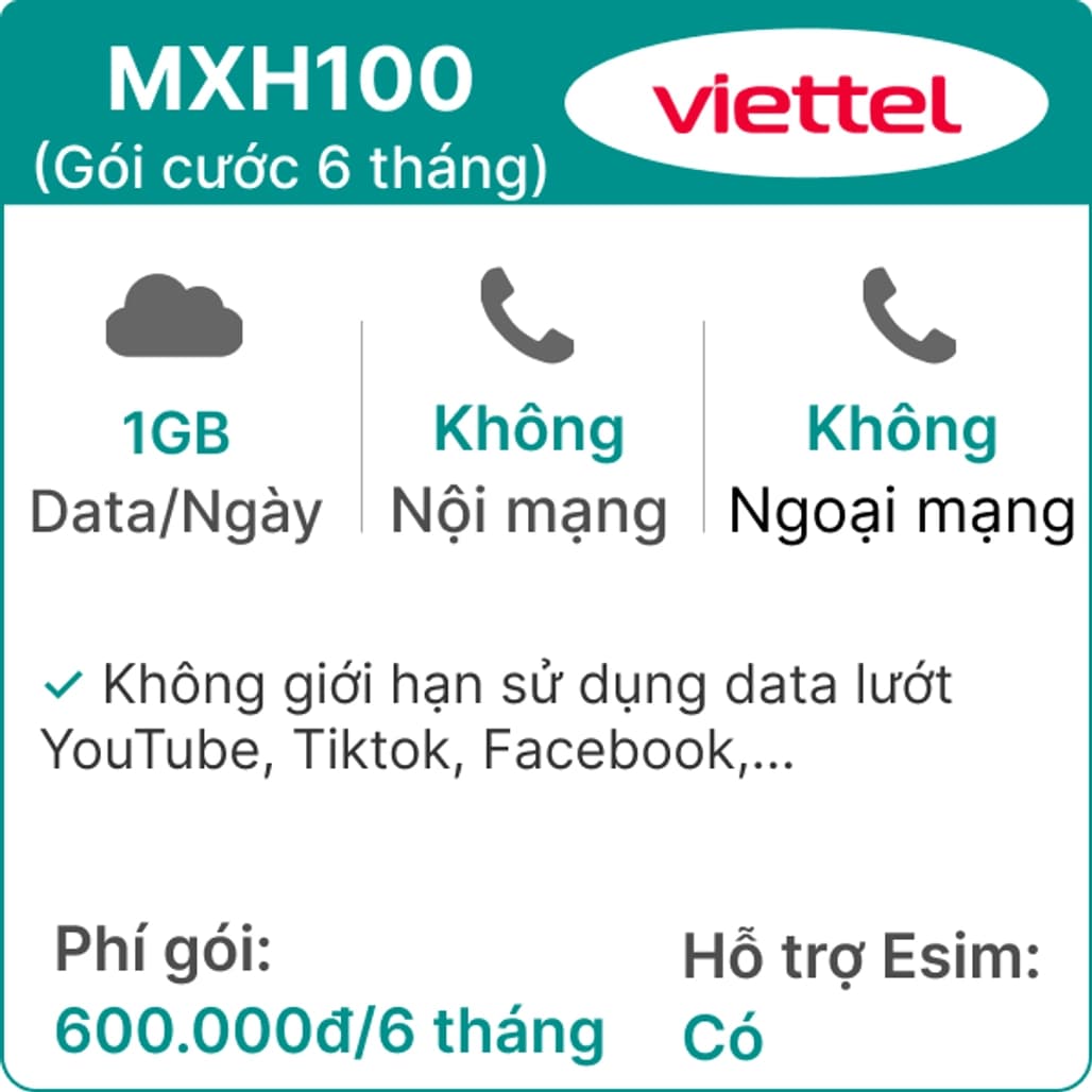 Sim 4G Viettel 6MXH100 1GB Ngày (Free Tiktok YTB FB) 6 tháng