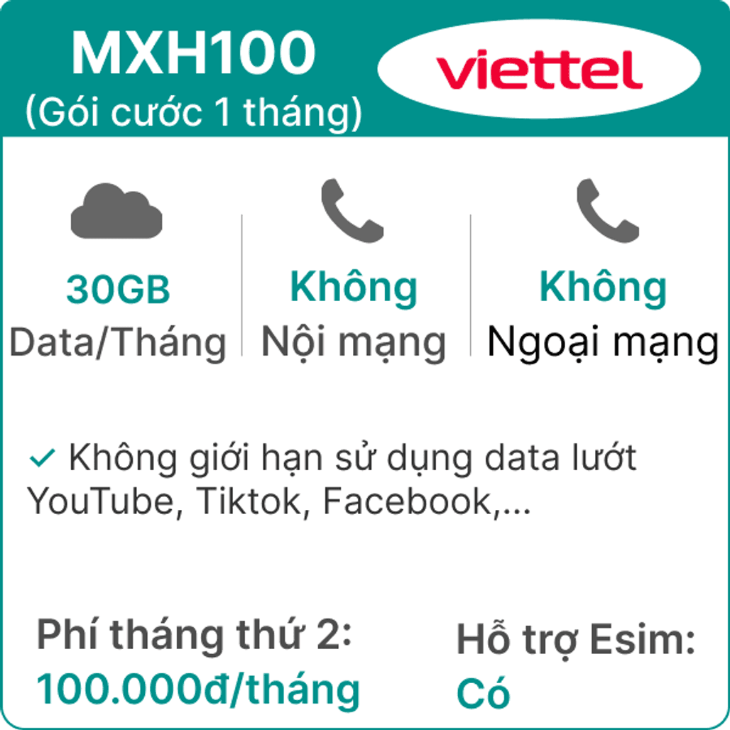 Sim Viettel MXH100 1GB Ngày Gói cước 1 tháng