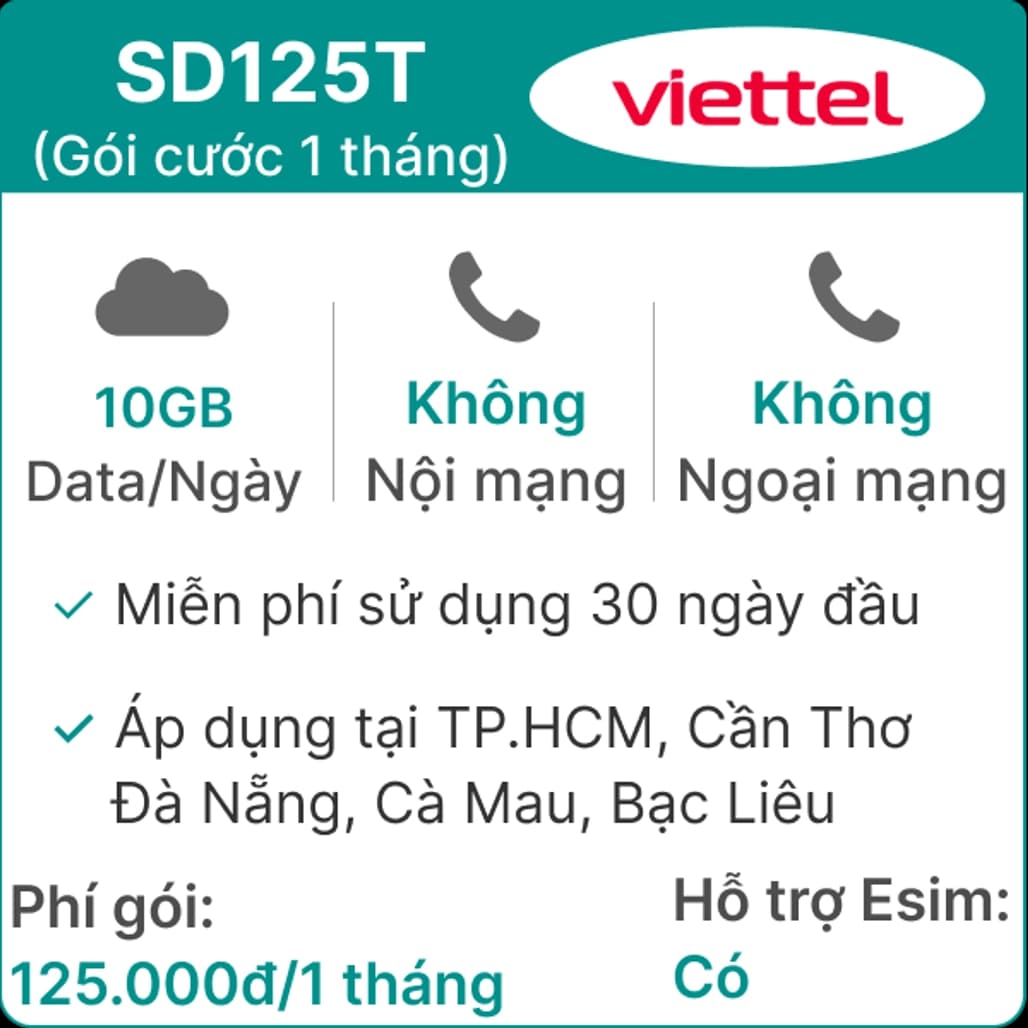 Sim 4G Viettel SD125T 10GB Ngày (3GB toàn quốc + 7GB 1 số tỉnh) Free 1 tháng