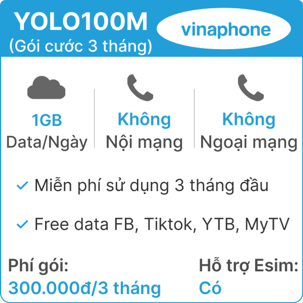 Sim 4G Vinaphone 3YOLO100 (1GB Ngày) (Free Tiktok YTB FB) 3 tháng (Thành phẩm)