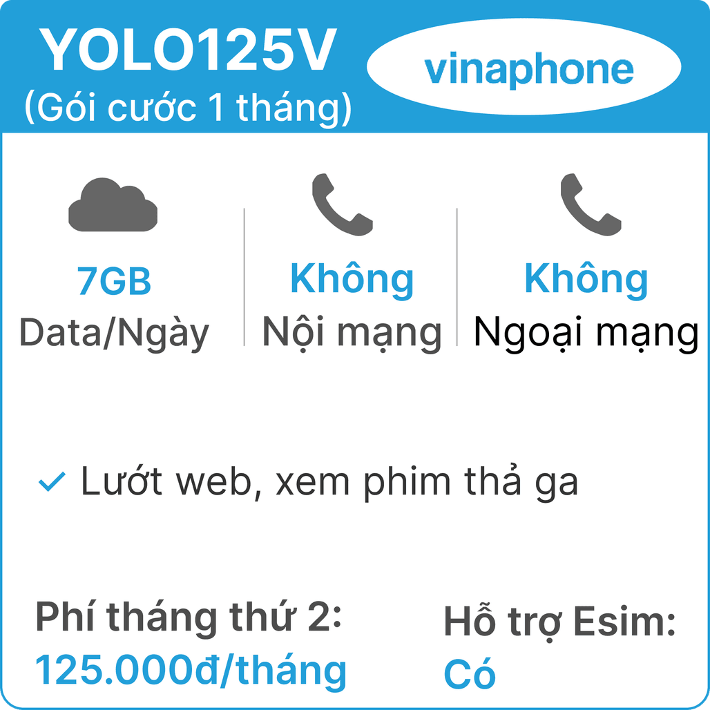 Sim Vinaphone YOLO125V 7GB Ngày Gói cước 1 tháng
