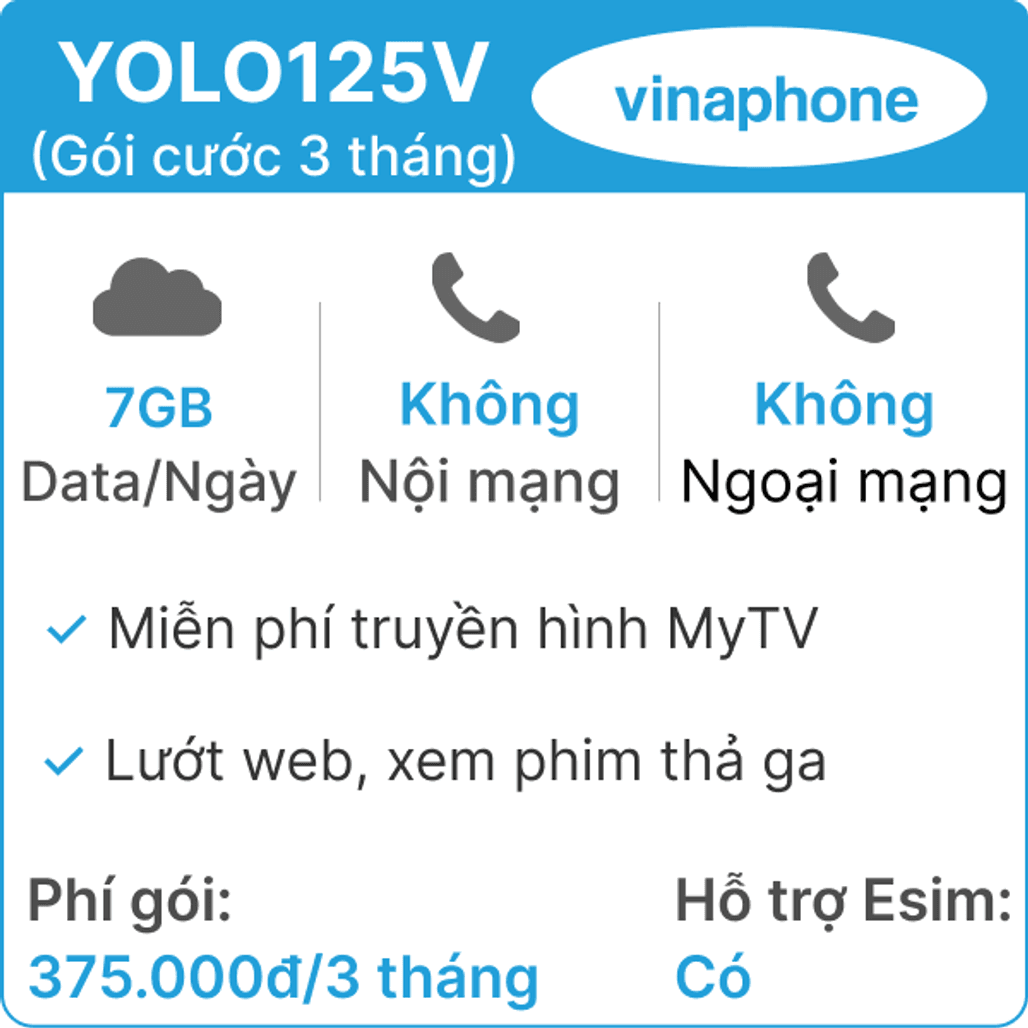 Sim 4G Vinaphone YOLO125V 7GB Ngày (Free truyền hình MyTV) 3 Tháng (Thành phẩm)